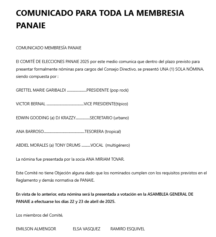 COMUNICADO PARA TODA LA MEMBRESÍA PANAIE